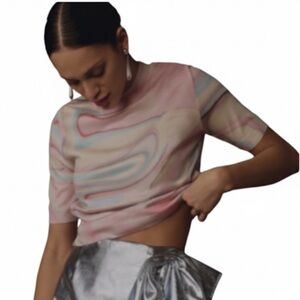 Anthropologie Short Sleeve Sweater Knit Top With Pastel Design Size XS EUC!